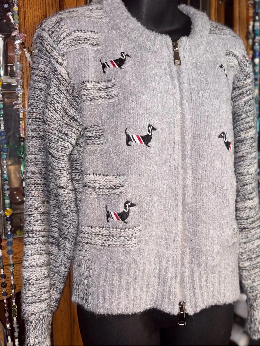 DOG EMBROIDERED DOUBLE ZIP-UP KNITTED CARDIGAN